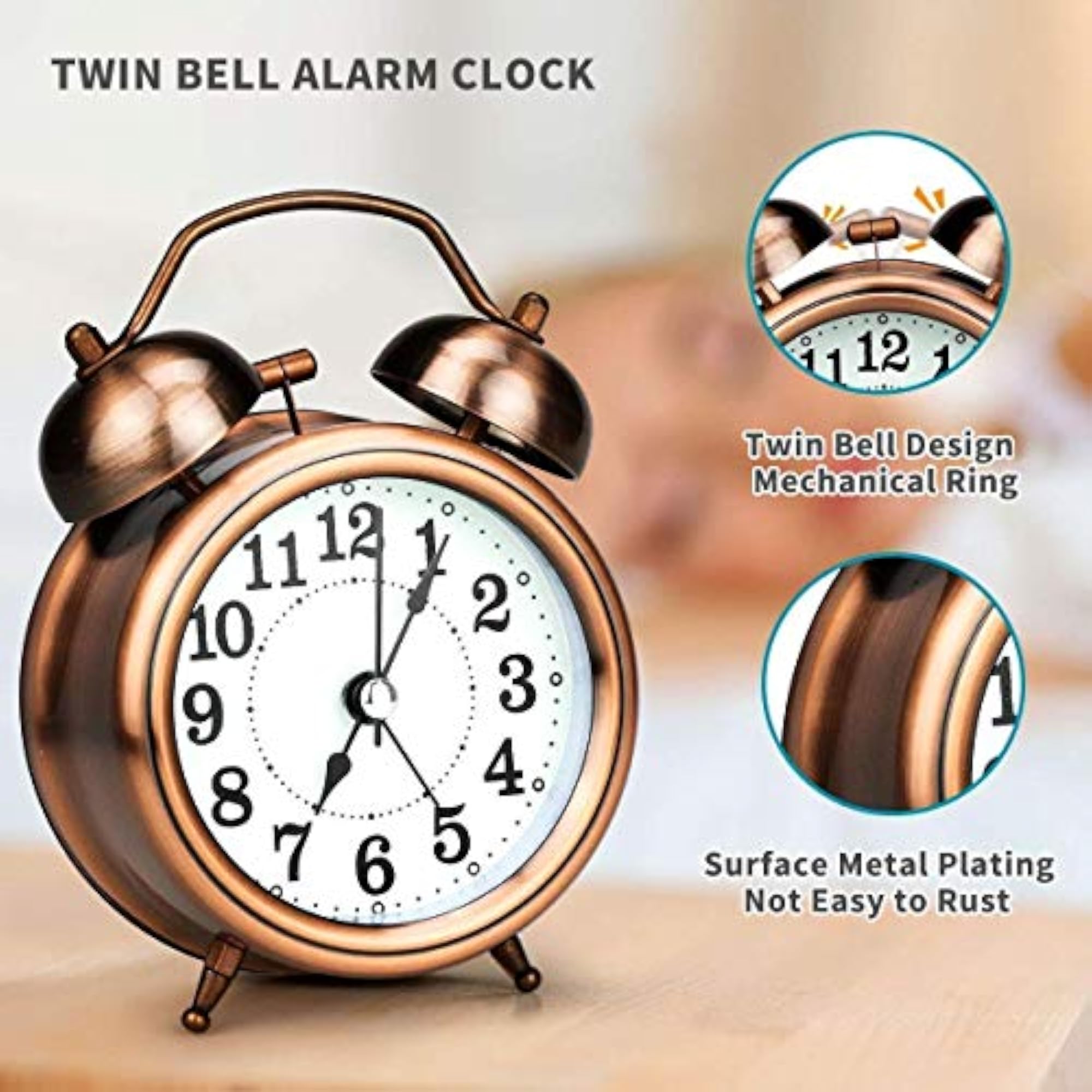 Vintage Twin Bell Copper Table Alarm Clock with Night LED Light